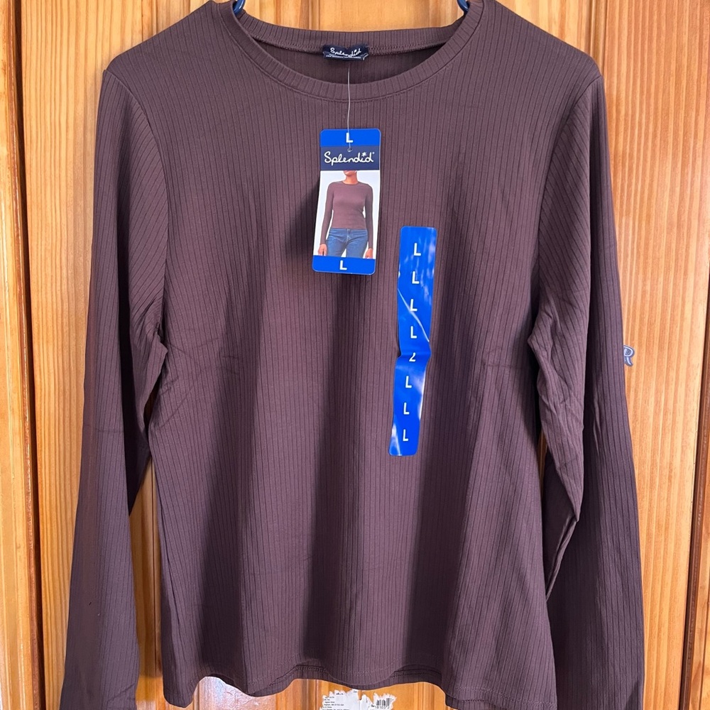 Splendid Women's Long Sleeve Ribbed Shirt Size L Brown